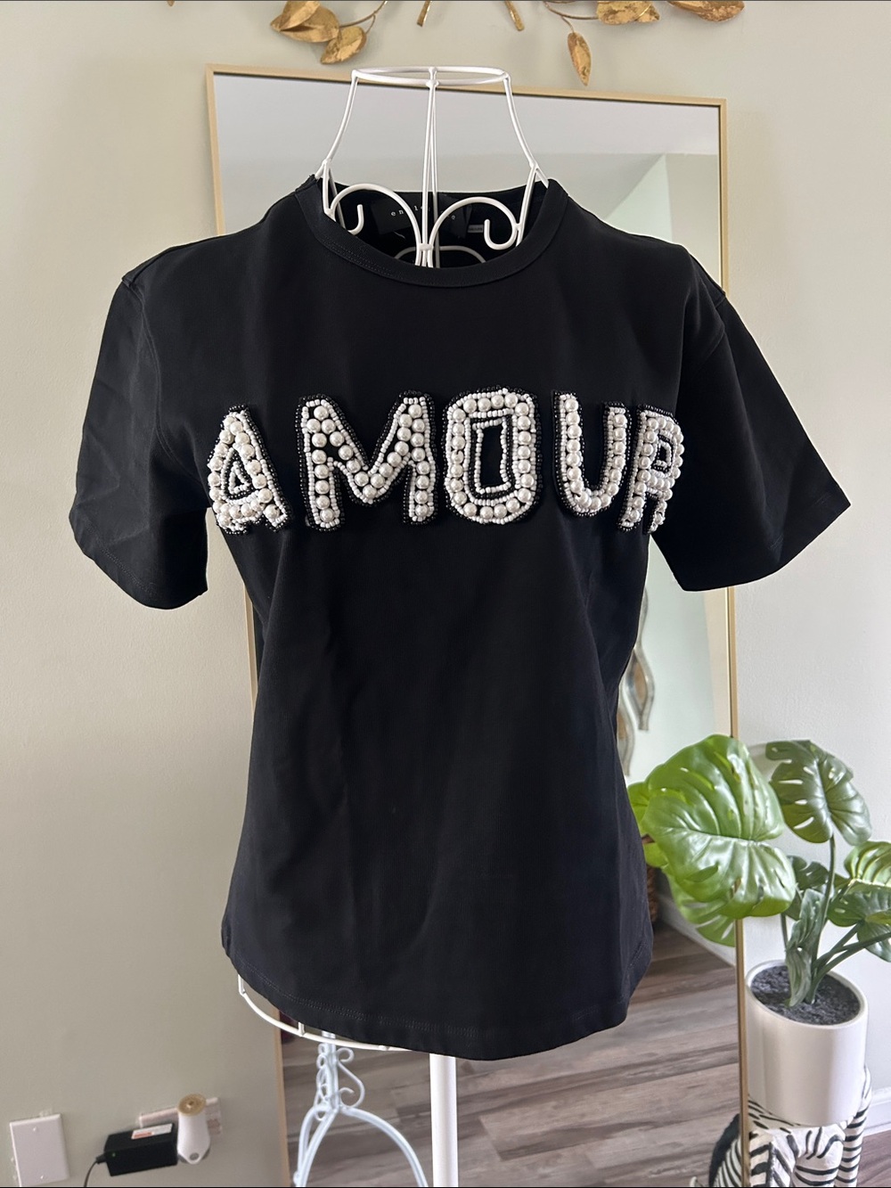 Endless Rose Black 'AMOUR' Pearl-Embellished Short Sleeve Tee